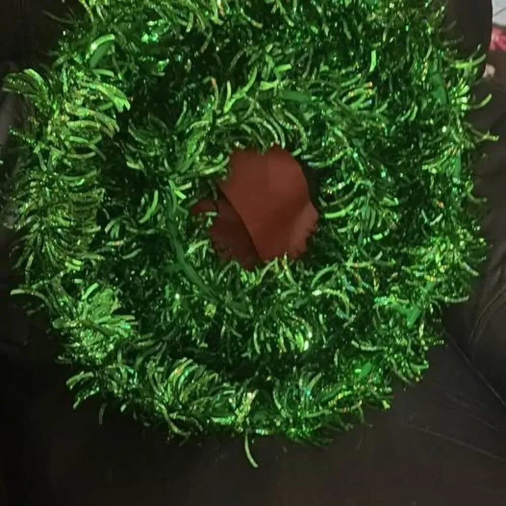 Green Tinsel Christmas Wreath with Red Bow